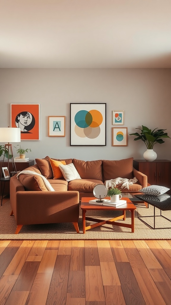 A mid-century modern living room featuring a brown couch, geometric artwork, and stylish decor.