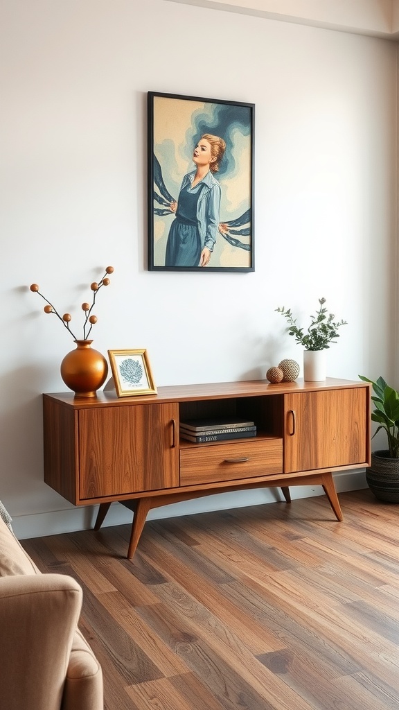 Mid-century modern console table with decorative items and a wall art in a bright living room.