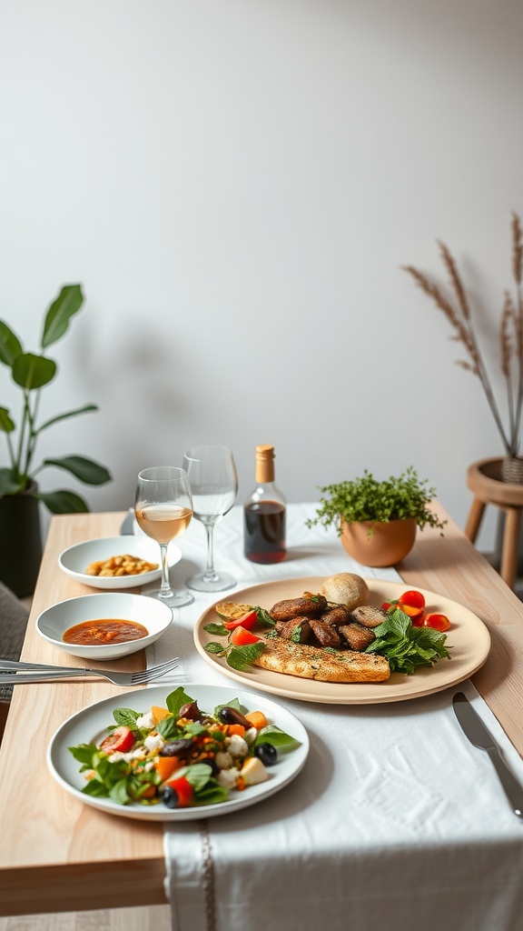 A Mediterranean meal with salad, grilled chicken, and drinks on a wooden table.