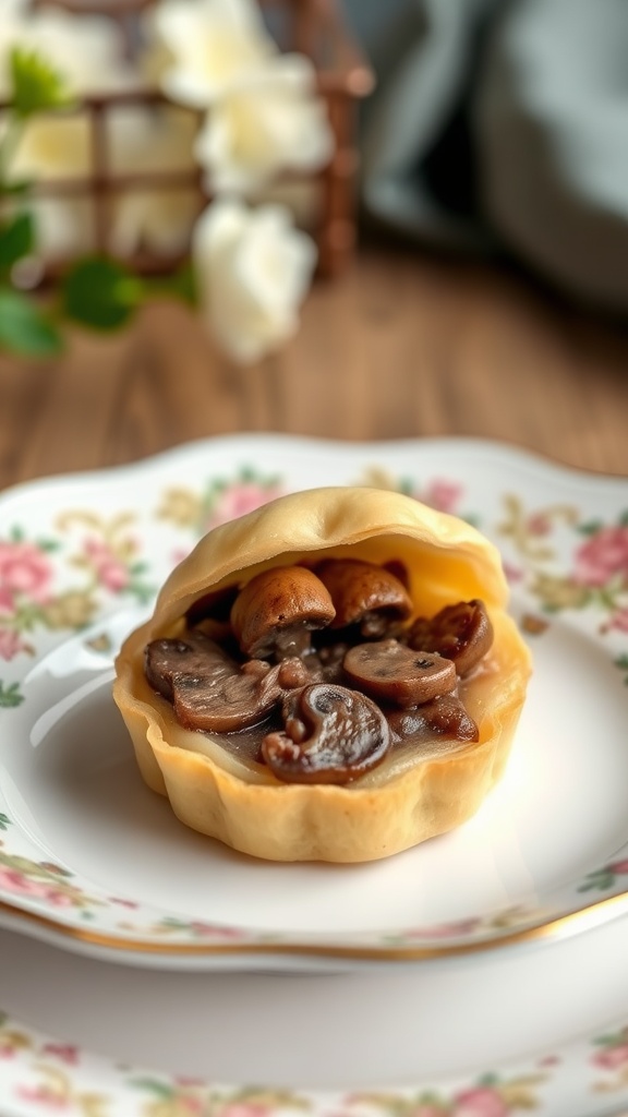 A mini beef wellington filled with mushroom duxelles on a floral plate.