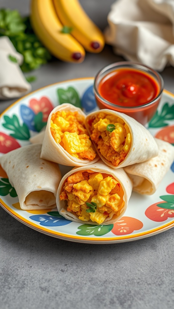 Mini breakfast burritos filled with scrambled eggs and served with salsa.