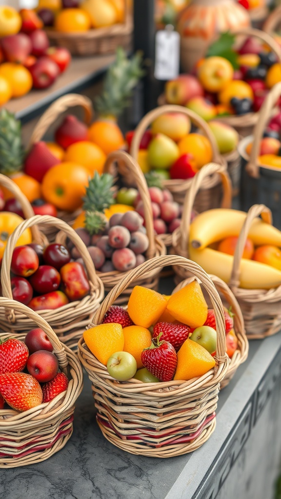 A variety of mini fruit baskets filled with colorful fruits