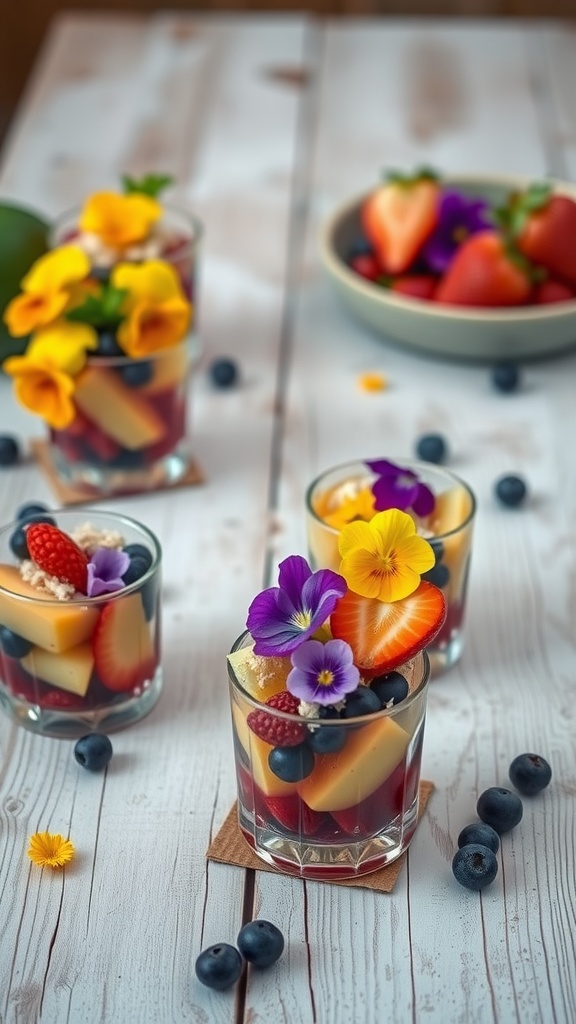Mini fruit cups decorated with edible flowers and various fruits.