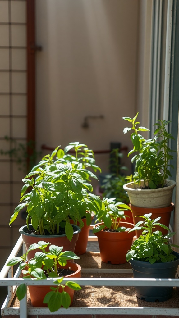 A mini herb garden with various plants in pots on a balcony