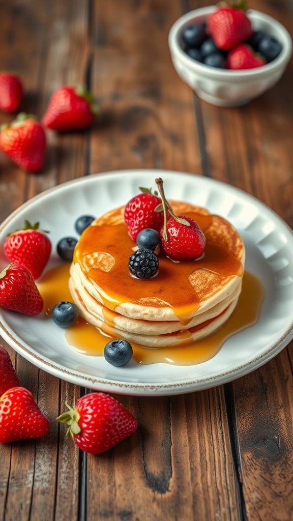 Mini pancake stacks topped with maple syrup and fresh berries.