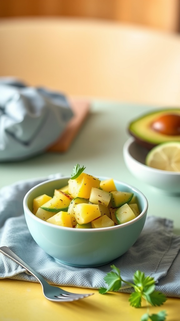 A bowl of mini potato and avocado salad with fresh herbs