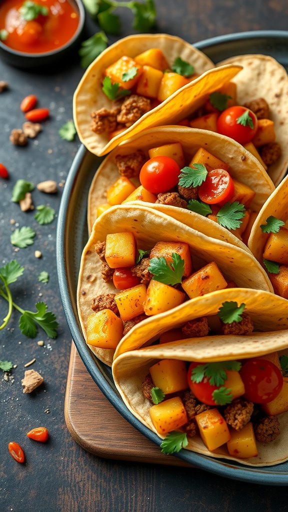 Mini potato and chorizo tacos on a plate