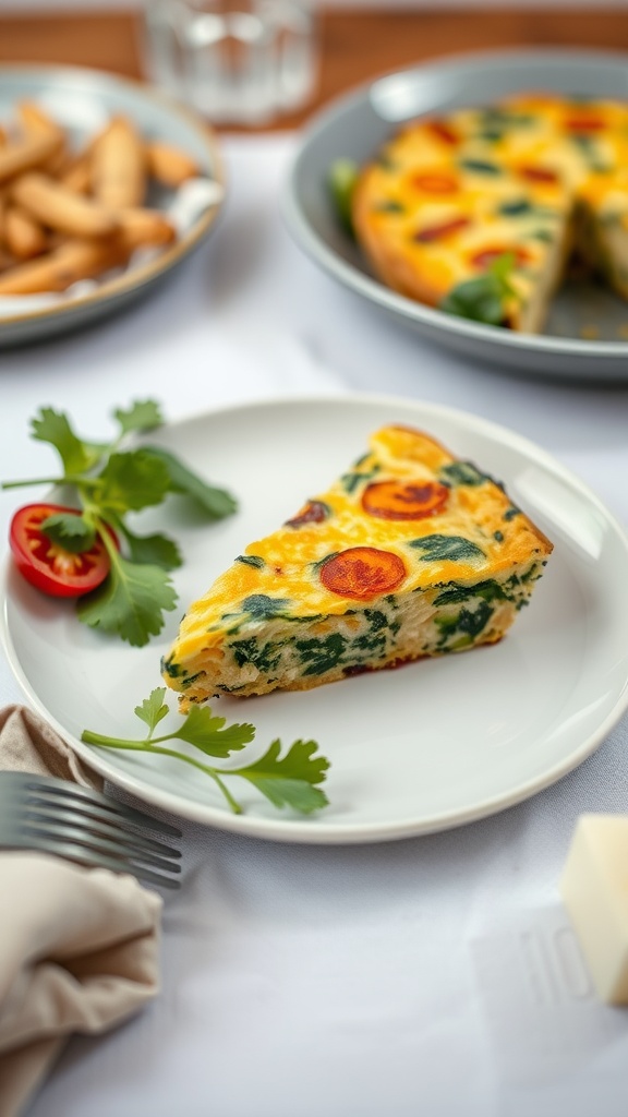 A slice of Mini Potato and Spinach Frittata on a plate, garnished with fresh herbs.