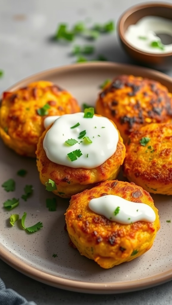 Delicious mini potato curry cakes served on a plate with toppings.
