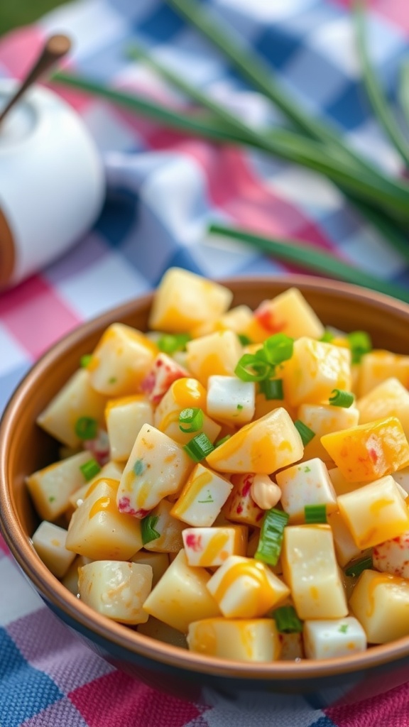 A bowl of mini potato salad with vibrant vegetables and a mustard dressing.