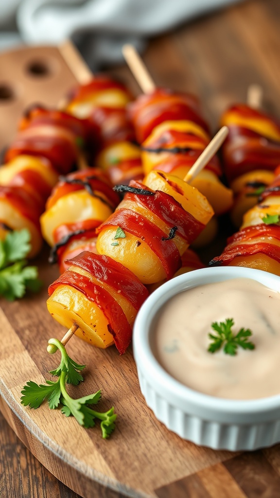 Mini potato skewers wrapped in bacon served with a dipping sauce