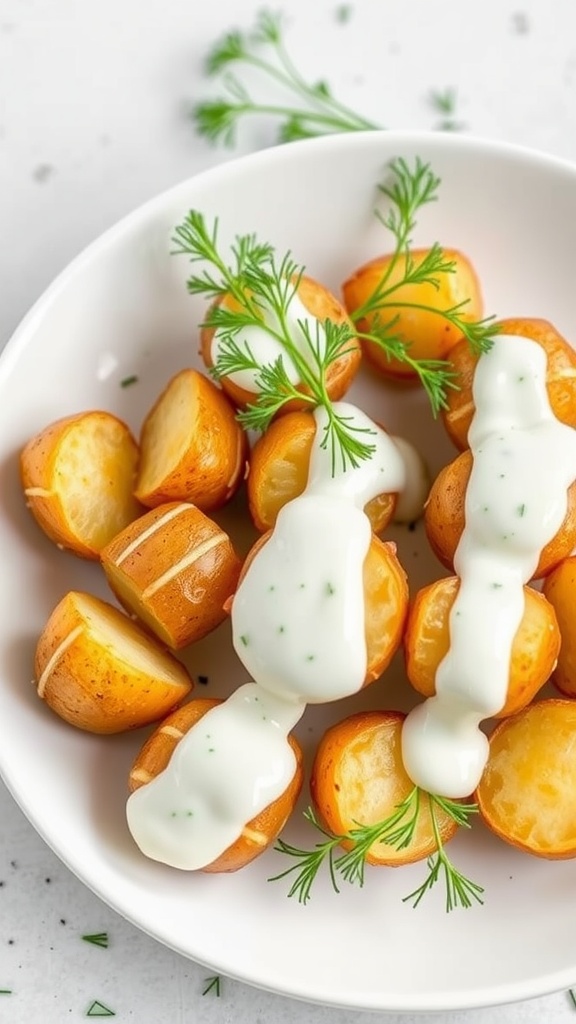 A bowl of mini potatoes drizzled with creamy dill sauce, garnished with fresh dill.