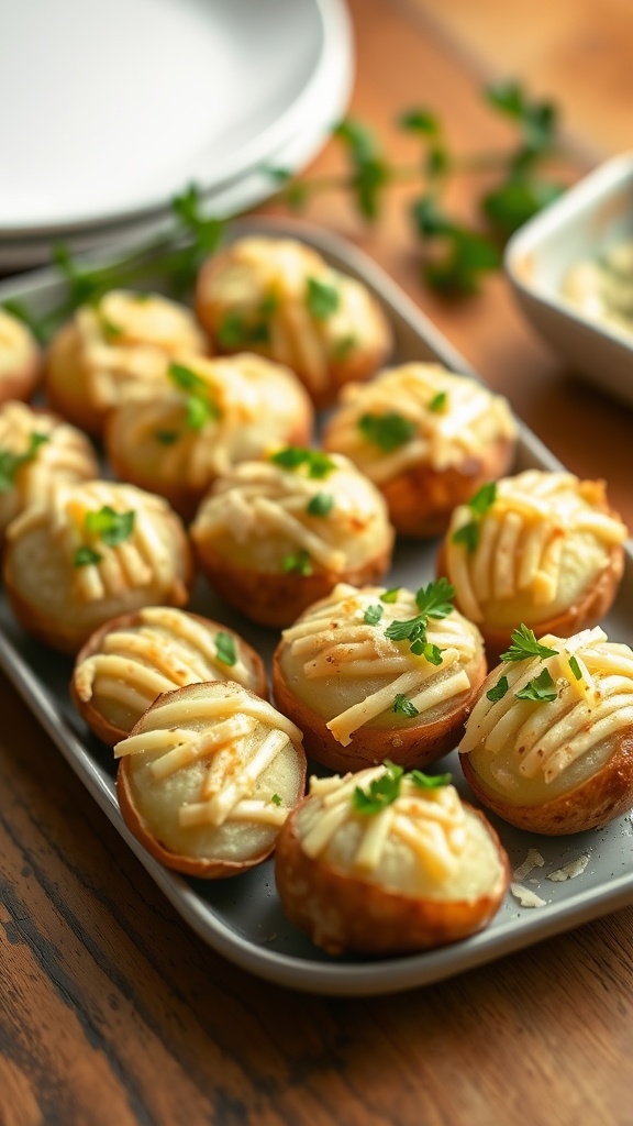 A tray of mini potatoes topped with garlic, Parmesan, and herbs.