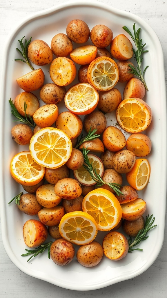 Roasted mini potatoes with lemon slices and fresh rosemary