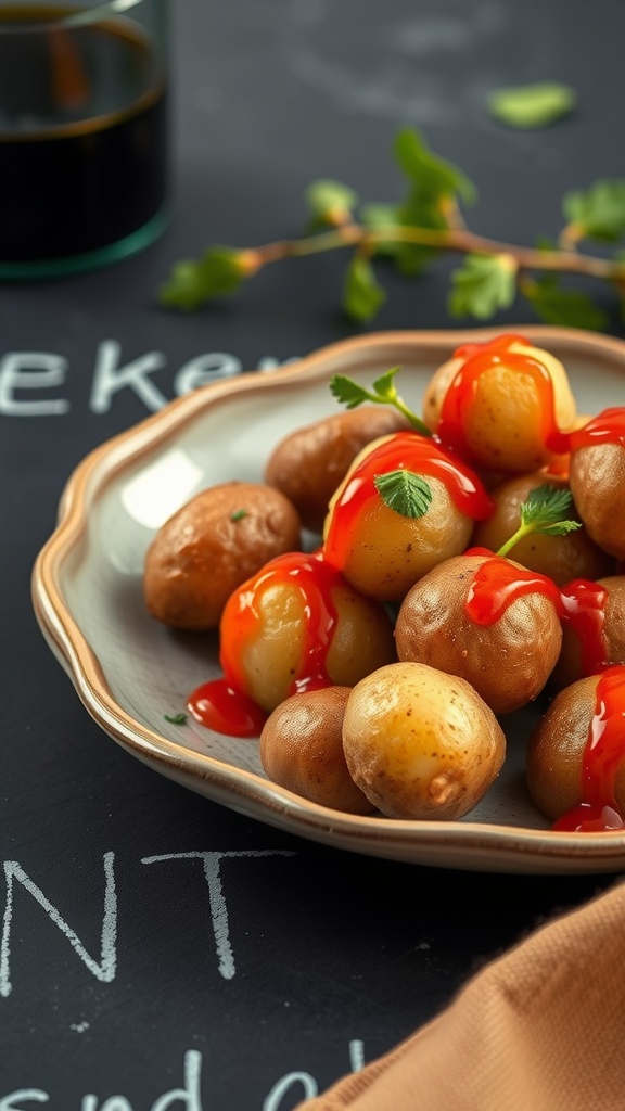 Plate of mini potatoes drizzled with red pepper sauce and garnished with herbs