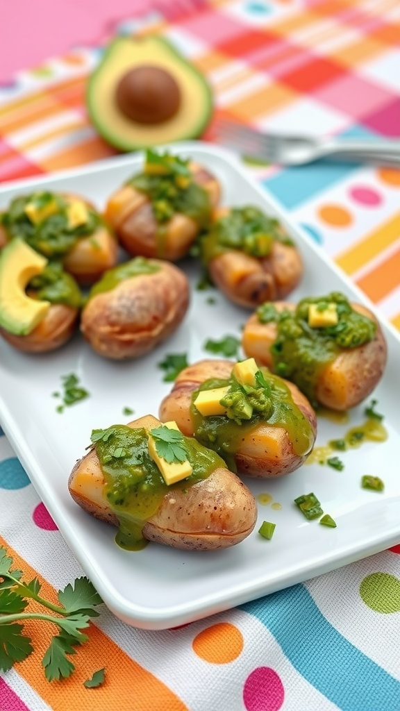Mini potatoes topped with salsa verde, avocado, and cheese on a colorful tablecloth.