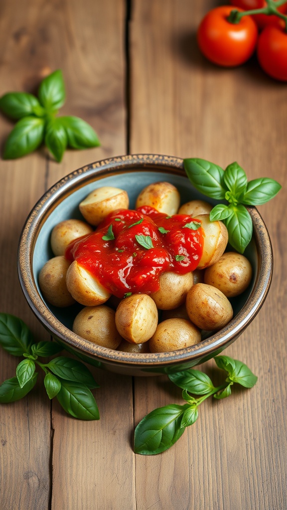 A bowl of mini potatoes topped with tomato basil sauce garnished with fresh basil leaves.