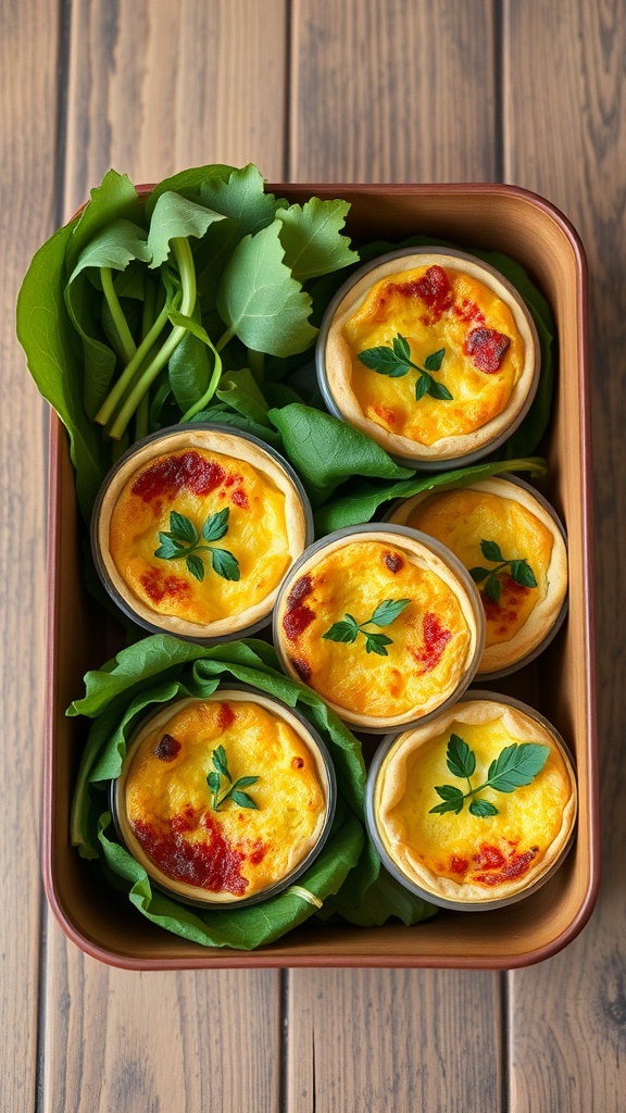 A bento box filled with mini quiches and fresh greens.