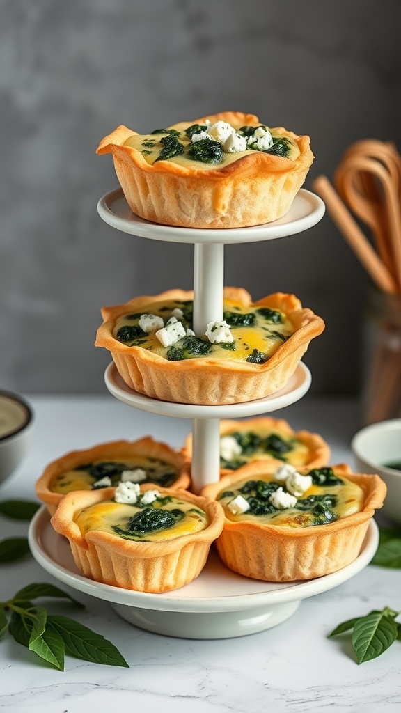 A tiered stand holding mini quiches with spinach and feta, garnished with crumbled feta cheese.