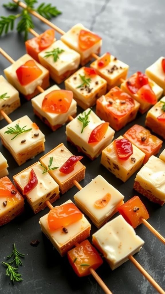 Miniature cheese bites arranged on skewers with colorful toppings.