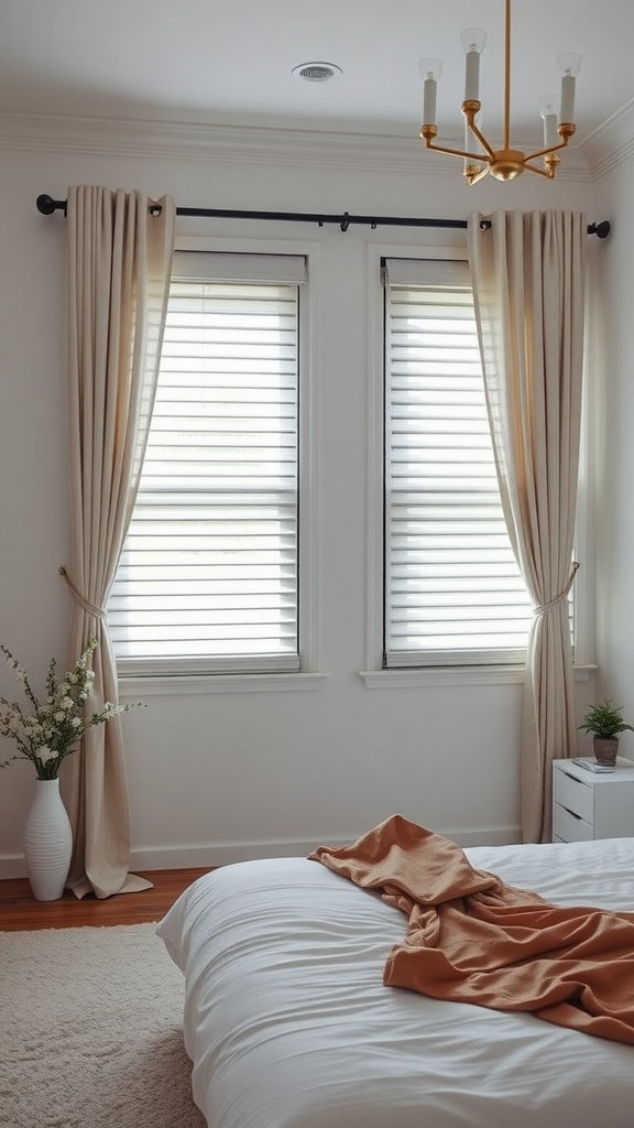A bright bedroom featuring minimalist blinds and drapery accents.