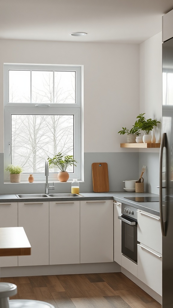 A bright kitchen featuring minimalist clear glass windows with plants on the sill.