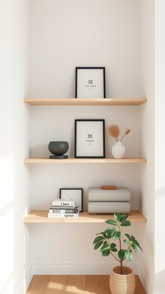 Minimalist corner shelves displaying framed art, a plant, and a few decorative items.