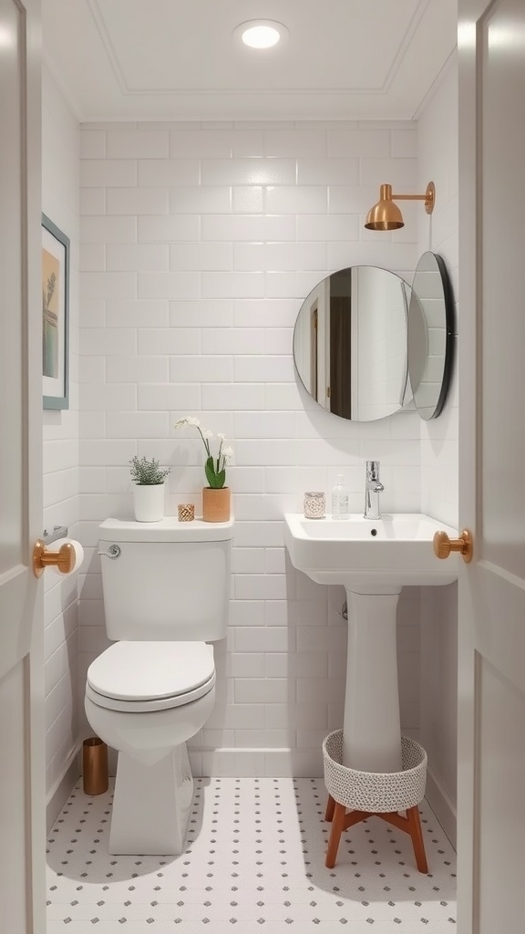A small, minimalist bathroom with white tiles, a round mirror, and a plant.