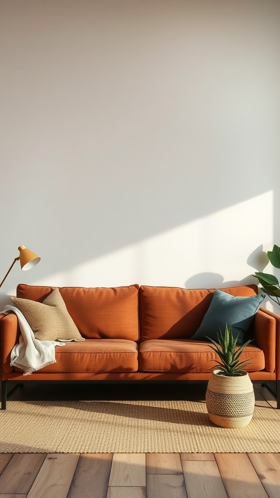 A minimalist living room featuring an elegant brown couch with earthy accents.