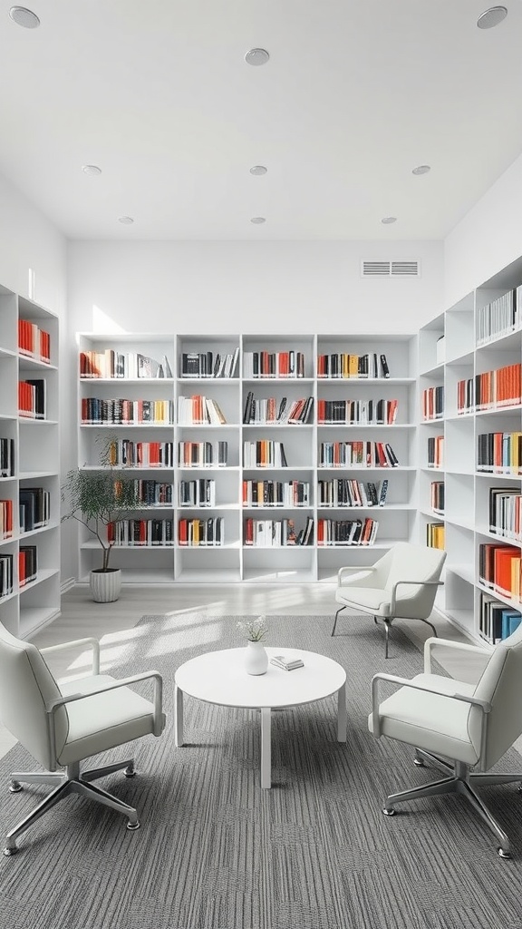 A minimalist library featuring clean lines, white shelves with colorful books, and comfortable seating.