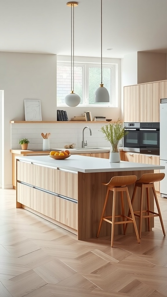 A minimalist Scandinavian kitchen with a wooden island and simple decor.