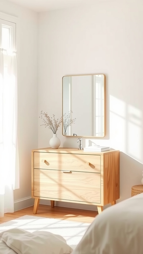 A minimalist vanity in a bedroom featuring a natural wood finish and a mirror, illuminated by sunlight.