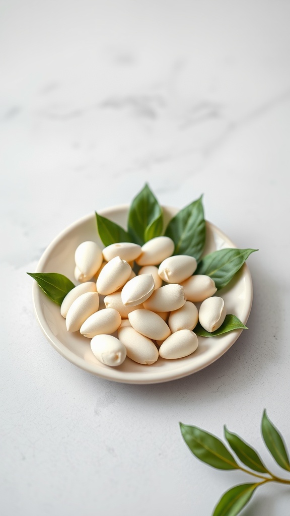 A plate with almond-shaped white candies surrounded by green leaves.