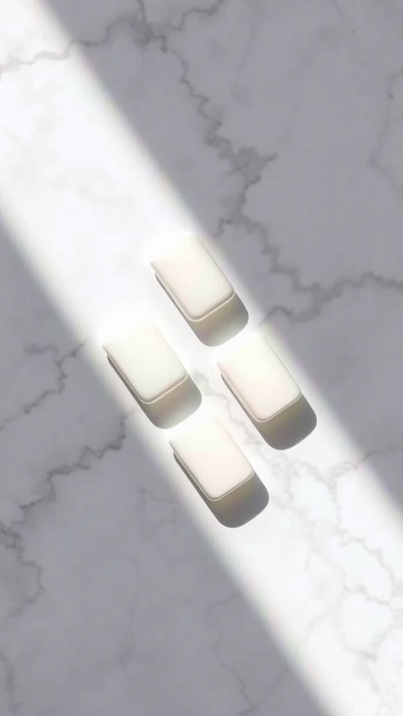 Four minimalist white square nails on a marble surface with light reflecting on them.