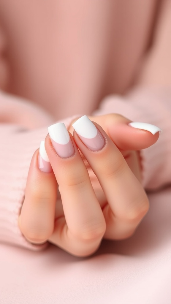 Close-up of a hand showing minimalist short nails with white tips against a soft pink background