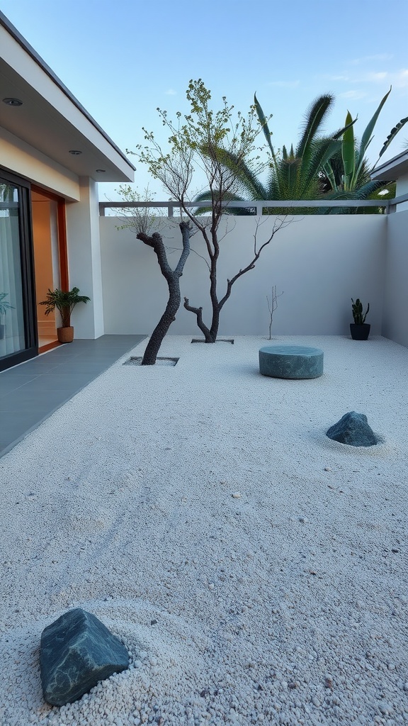 A minimalist Zen garden featuring white gravel, a tree, and a stone seat.