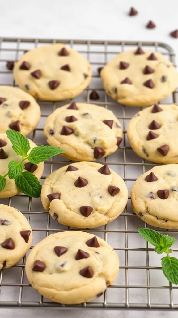 Mint Chocolate Chip Keto Cream Cheese Cookies on a cooling rack