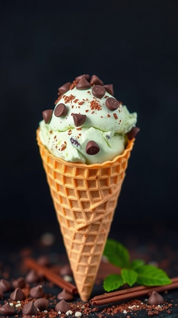 A delicious mint chocolate chip ice cream cone topped with chocolate chips.