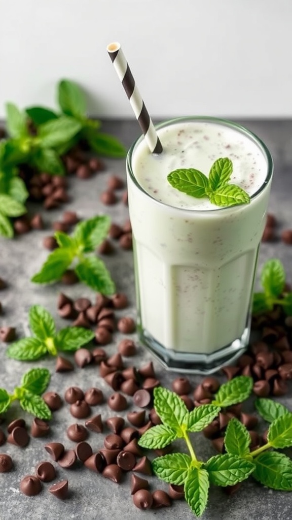 A refreshing mint chocolate chip shake in a glass, garnished with mint leaves.