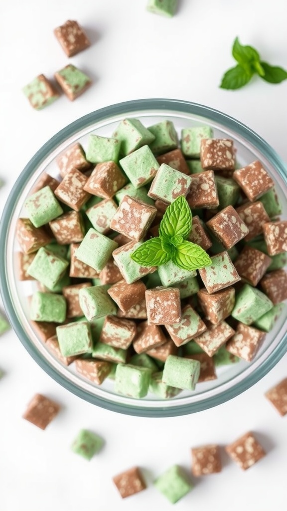 A bowl of Mint Chocolate Muddy Buddies with a garnish of mint leaves