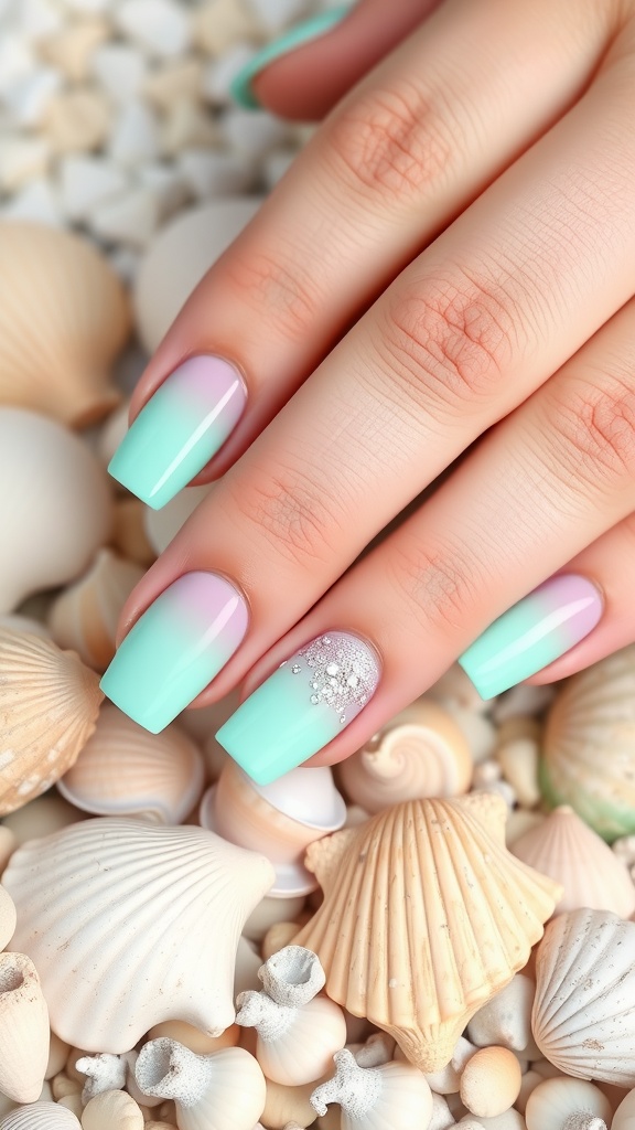 Mint green to seafoam ombre nails with a touch of sparkle on a shell background.