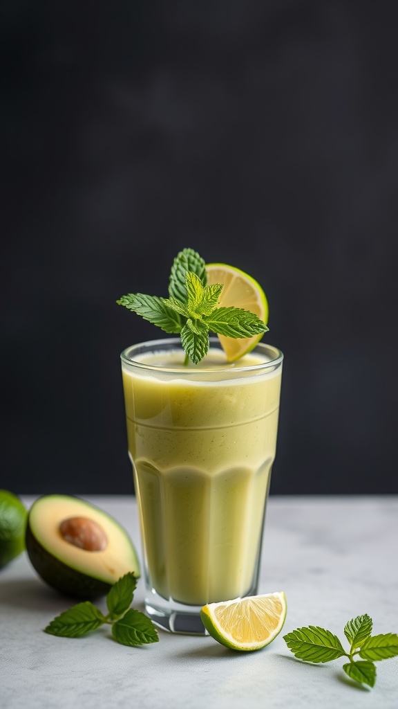 A refreshing green smoothie in a glass, garnished with mint and lime slices.