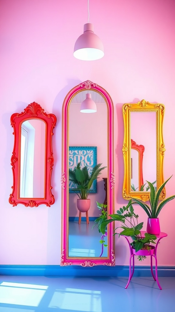 Colorful mirror frames in red, pink, and gold on a pink wall with plants.