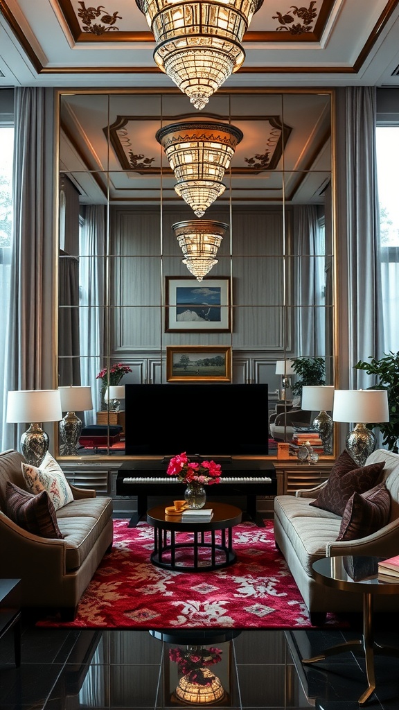 An elegant living room featuring a mirrored accent wall with chandeliers and stylish furniture.