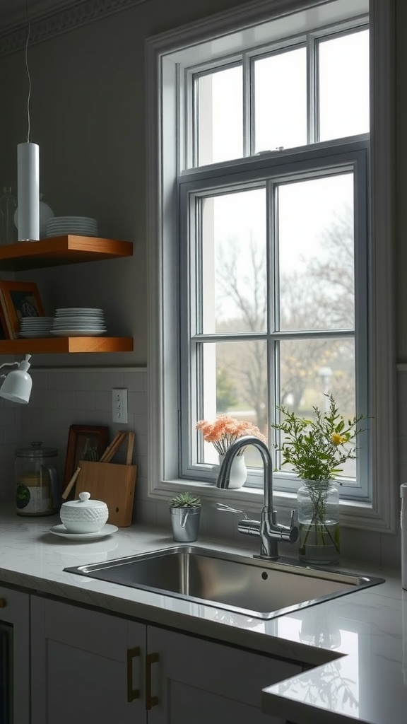 A bright kitchen window with mirrored accents and fresh flowers.