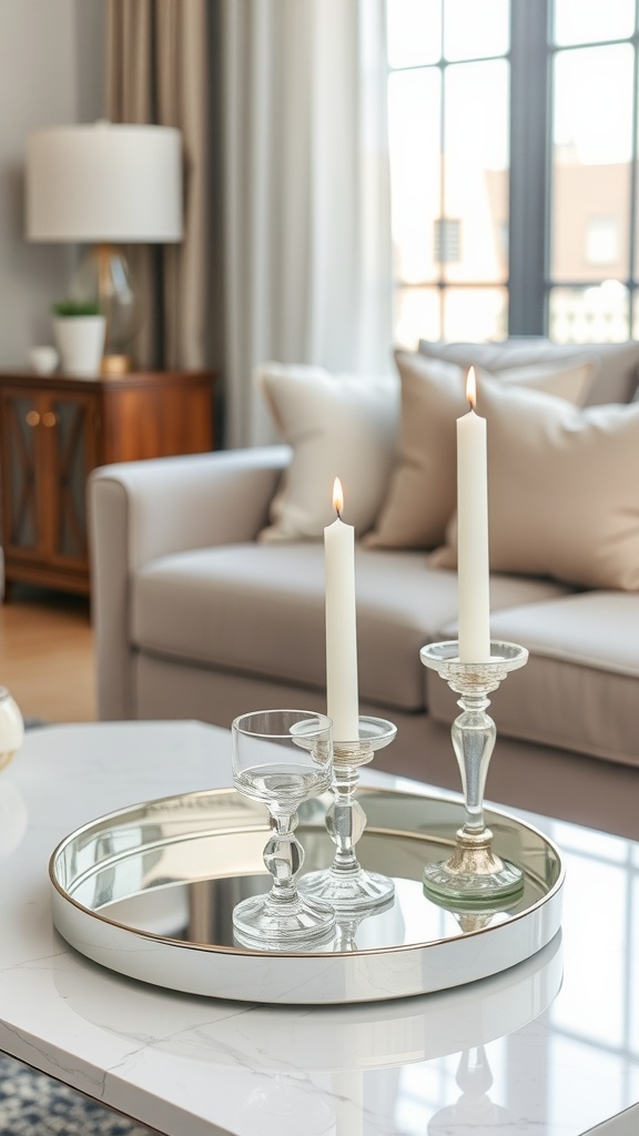 A coffee table with a mirrored tray holding candles and glassware, surrounded by a cozy living room.