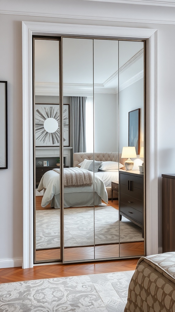 A stylish mirrored closet reflecting a cozy bedroom with a bed and nightstand.