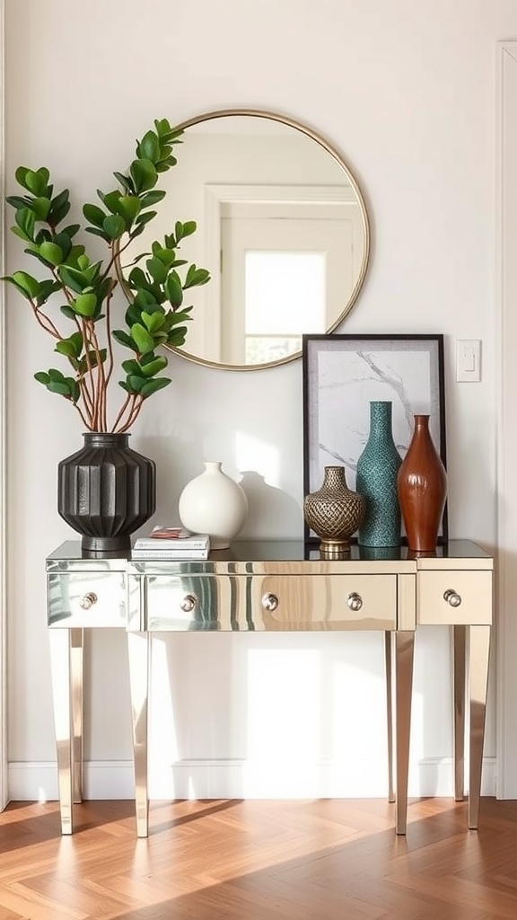 A stylish console table with mirrored surfaces and decorative items.
