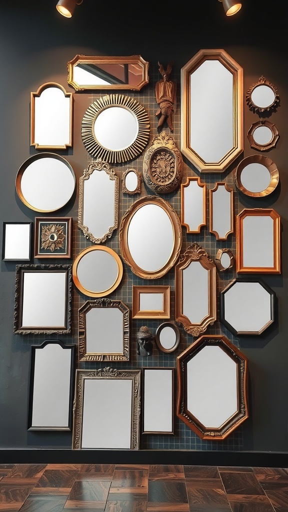 A gallery wall featuring a variety of wall mirrors in different shapes and ornate frames.