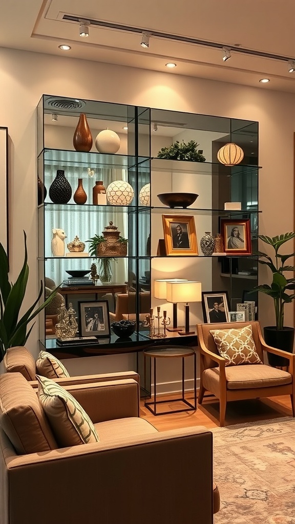 A stylish living room featuring mirrored shelves displaying decor items and framed photos.